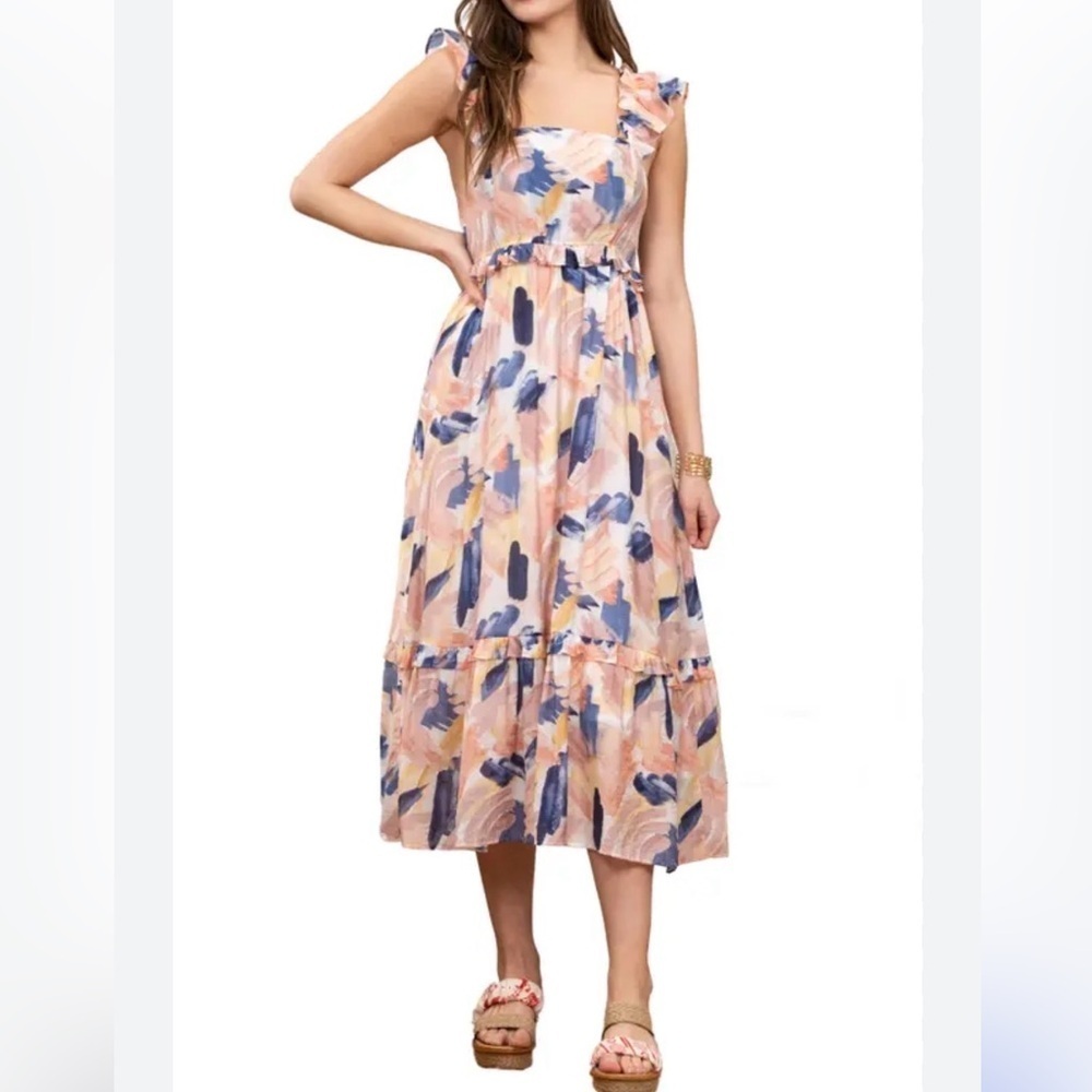 Blu Pepper Boho Cottagecore Abstract Print Maxi Dress Ruffle Smocked Festival S